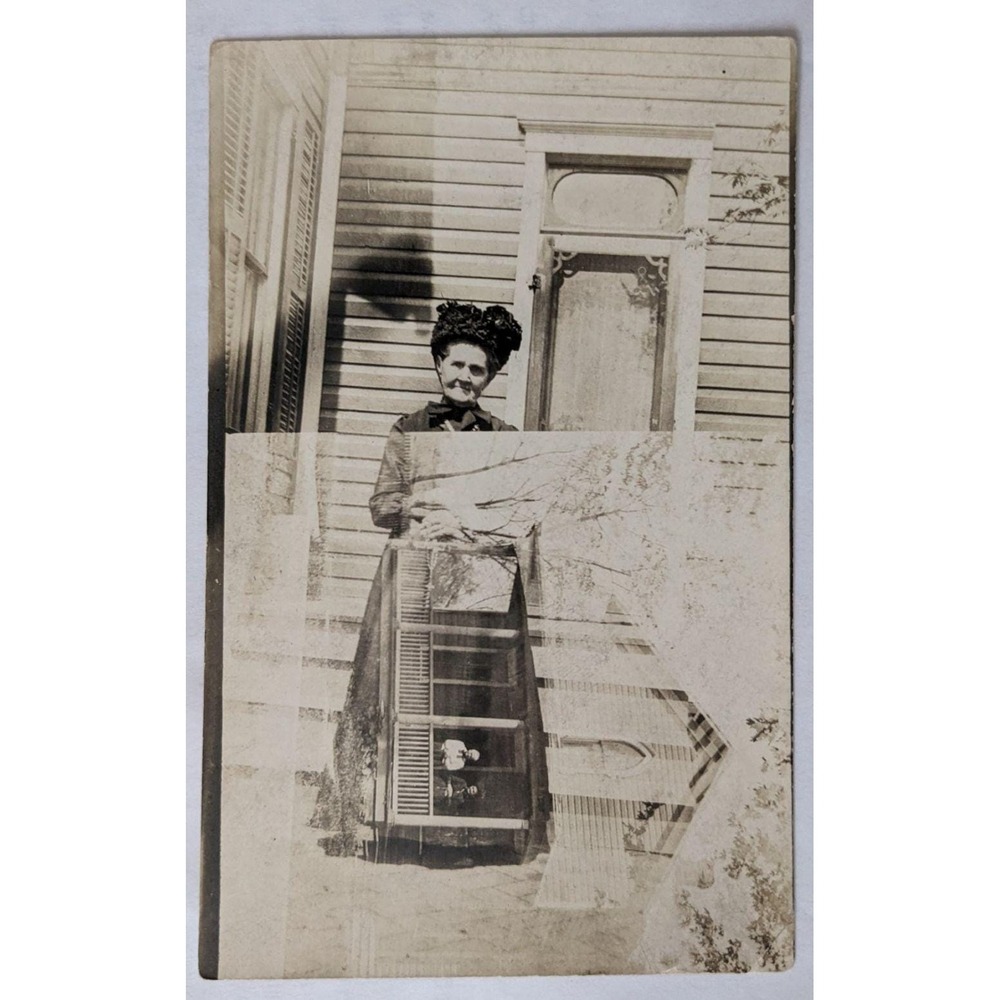 RPPC Postcard Double Exposure Ghostly Woman Porch House Edwardian c1905–1912 AZO
